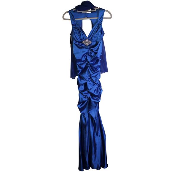 Y2K Let's Fashion Blue Runched Prom Pagent Dress With Beading - Picture 1 of 4